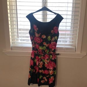 Eliza J dress black with colorful flowers.